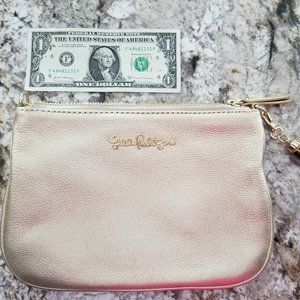 Lilly Pulitzer Gold Pebbled Leather Clutch Handbag Purse with Tassel, EUC!